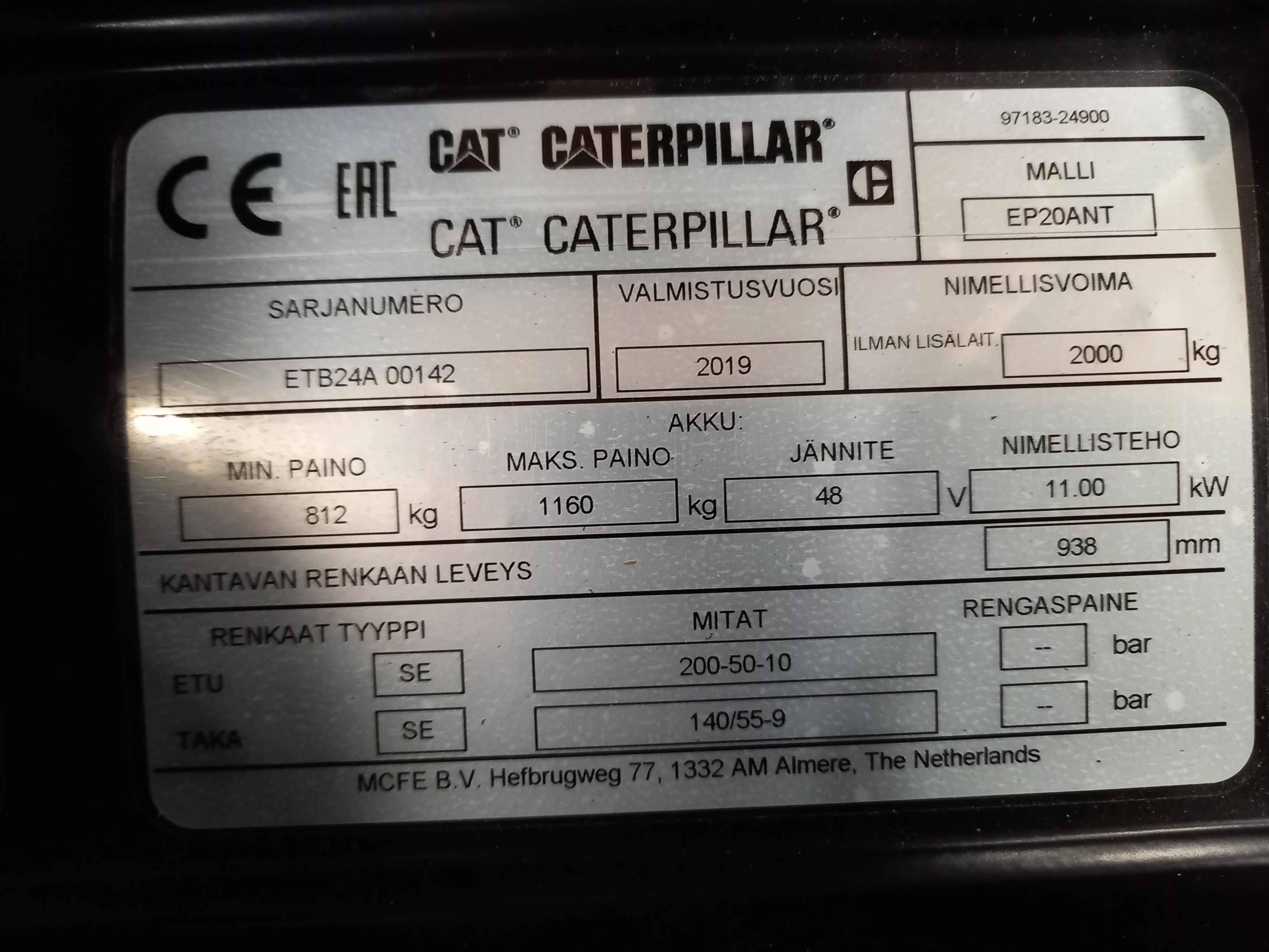 Cat EP20ANT sähkötrukki vm. 2019 (käyttöönotettu 2021), (vuokrattavissa)